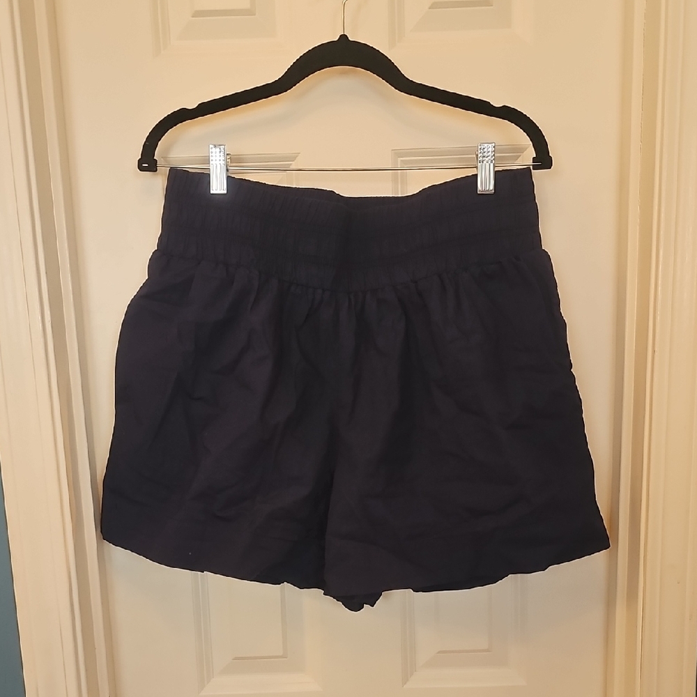 Hill House Navy High-Waist Smocked Shorts